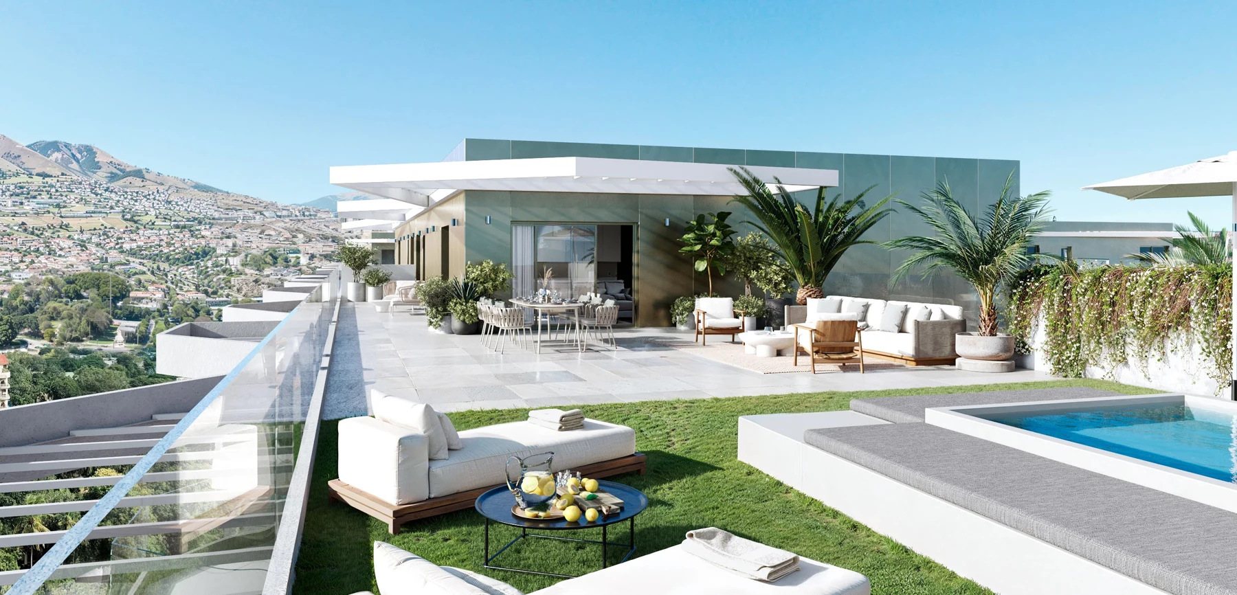 Infografía de una terraza del proyecto Lakün
