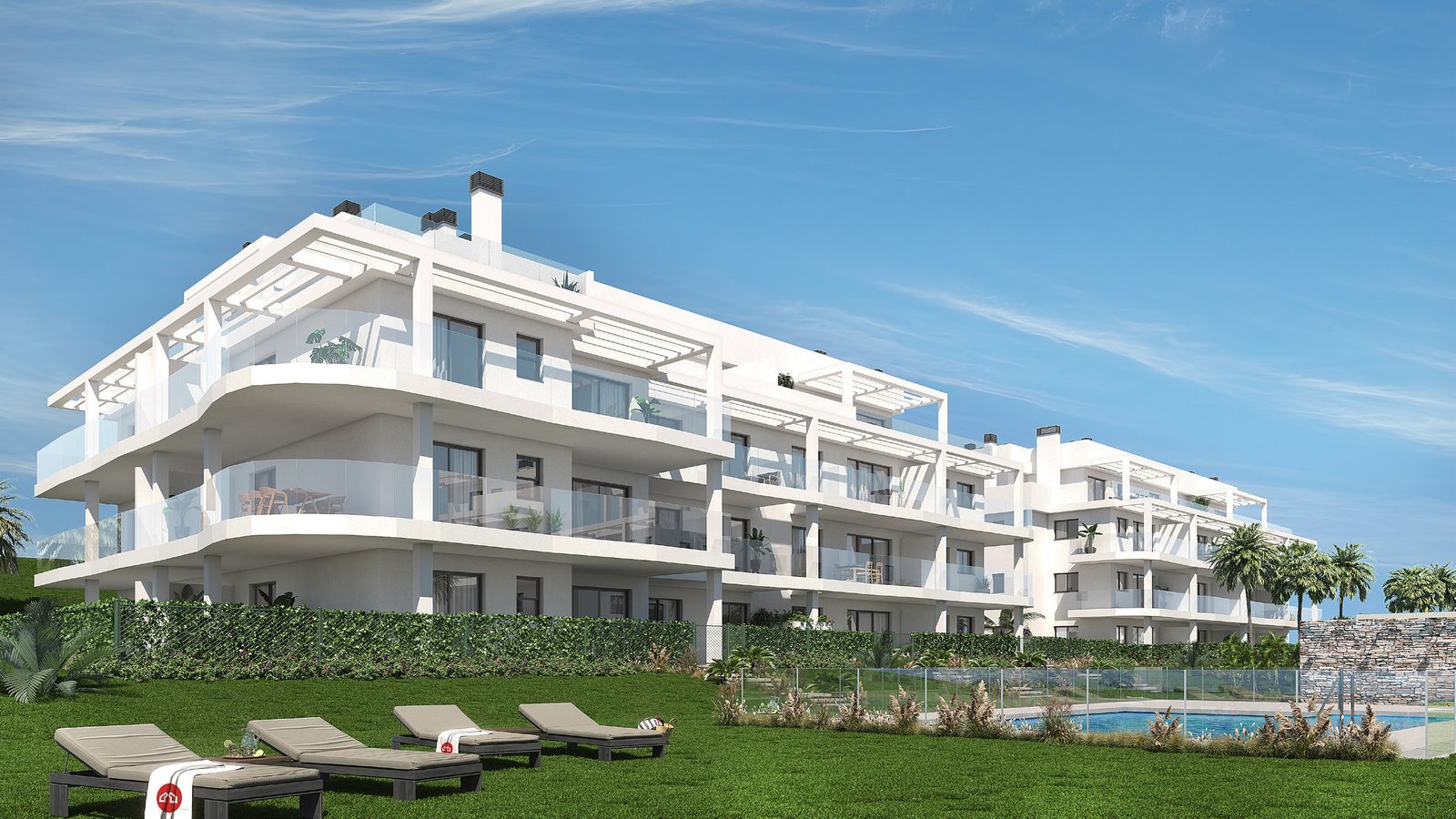 Representación de Myramar Costa Fase 2 en El Chaparral, con terrazas, jardines y piscina