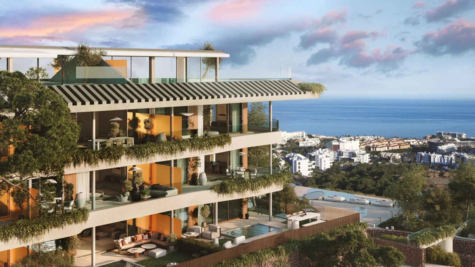 Infografía de Waterfall Residences: arquitectura y terrazas hacia el Mediterráneo