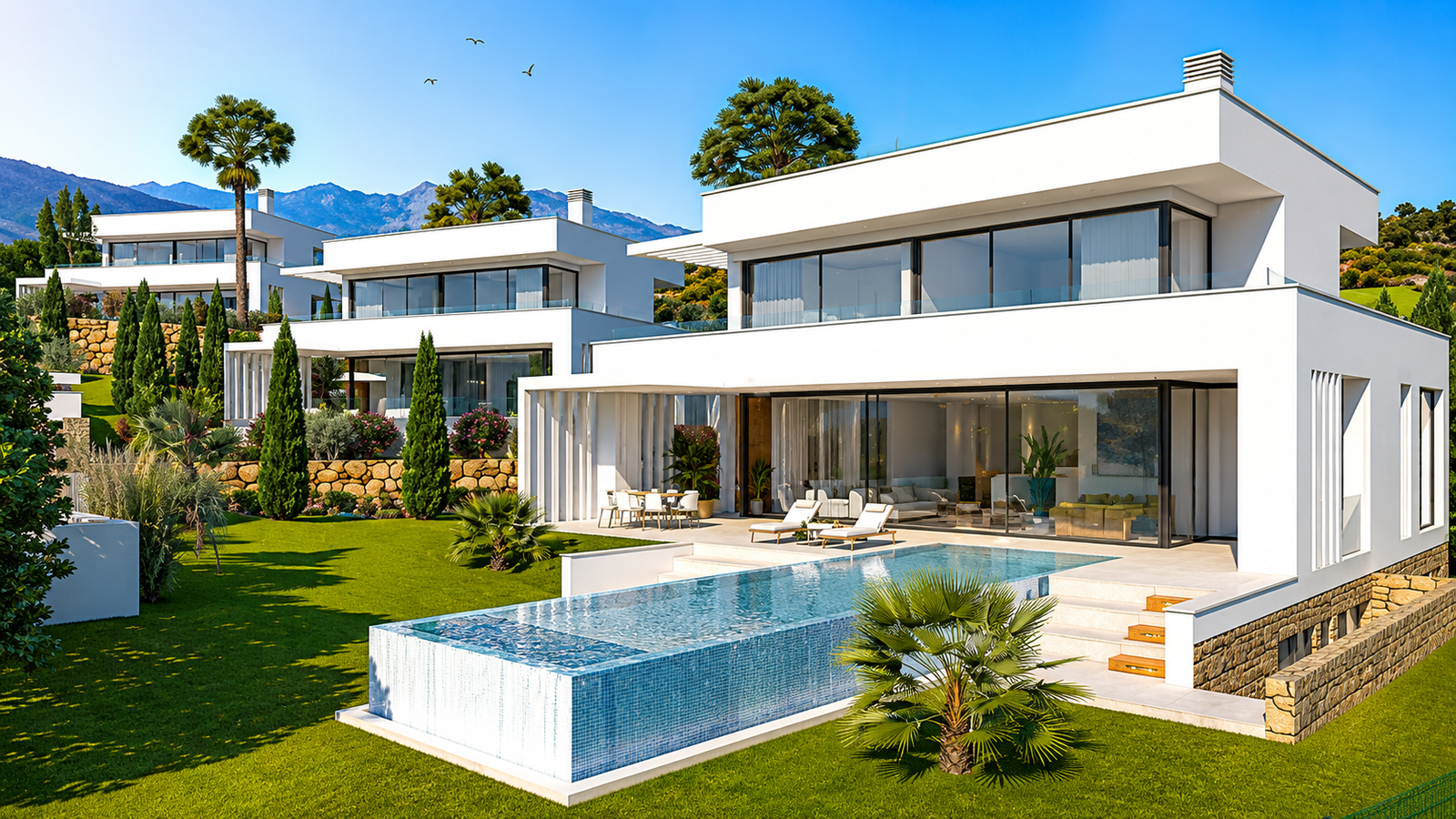 Infografía de las tres villas Tree Villas con jardines y piscinas en La Cala Golf