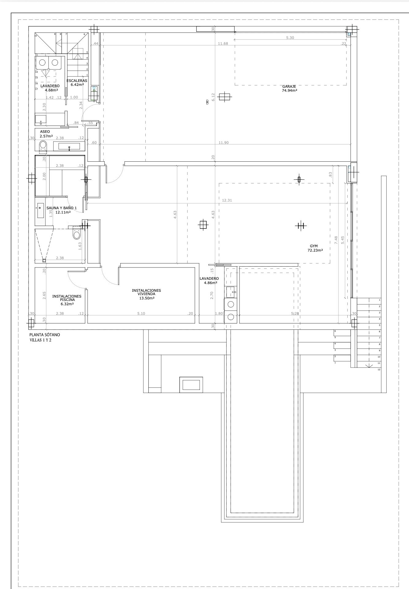 Plano de sótano compartido por villas 11 y 13