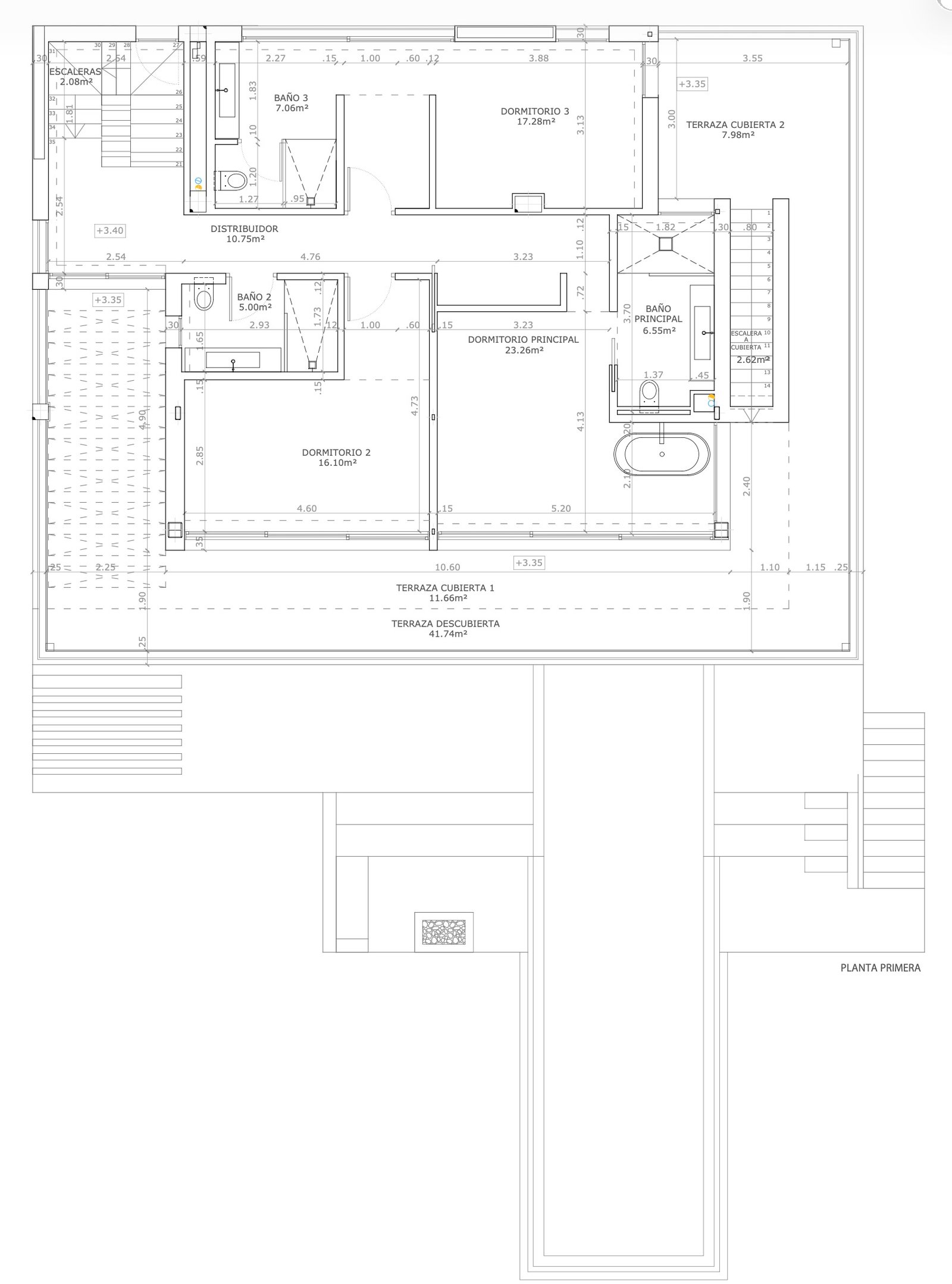 Plano de primera planta compartido por villas 11 y 13